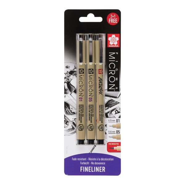 Sakura Pigma Micron 01 e 05 + Gratis 1 Brush Pen (Set 3 pz)